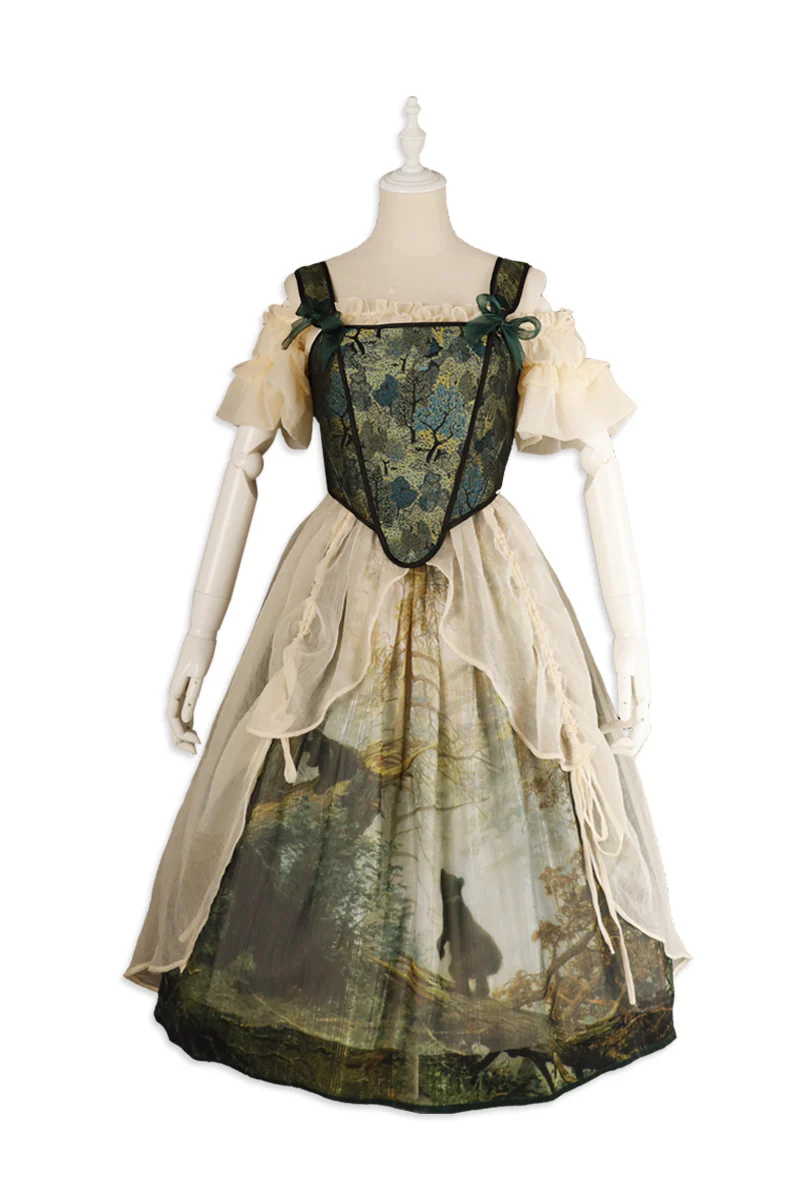Cyan - Morning of Pine Forest - Elegant Lolita Bear Print Skirt - Image 27