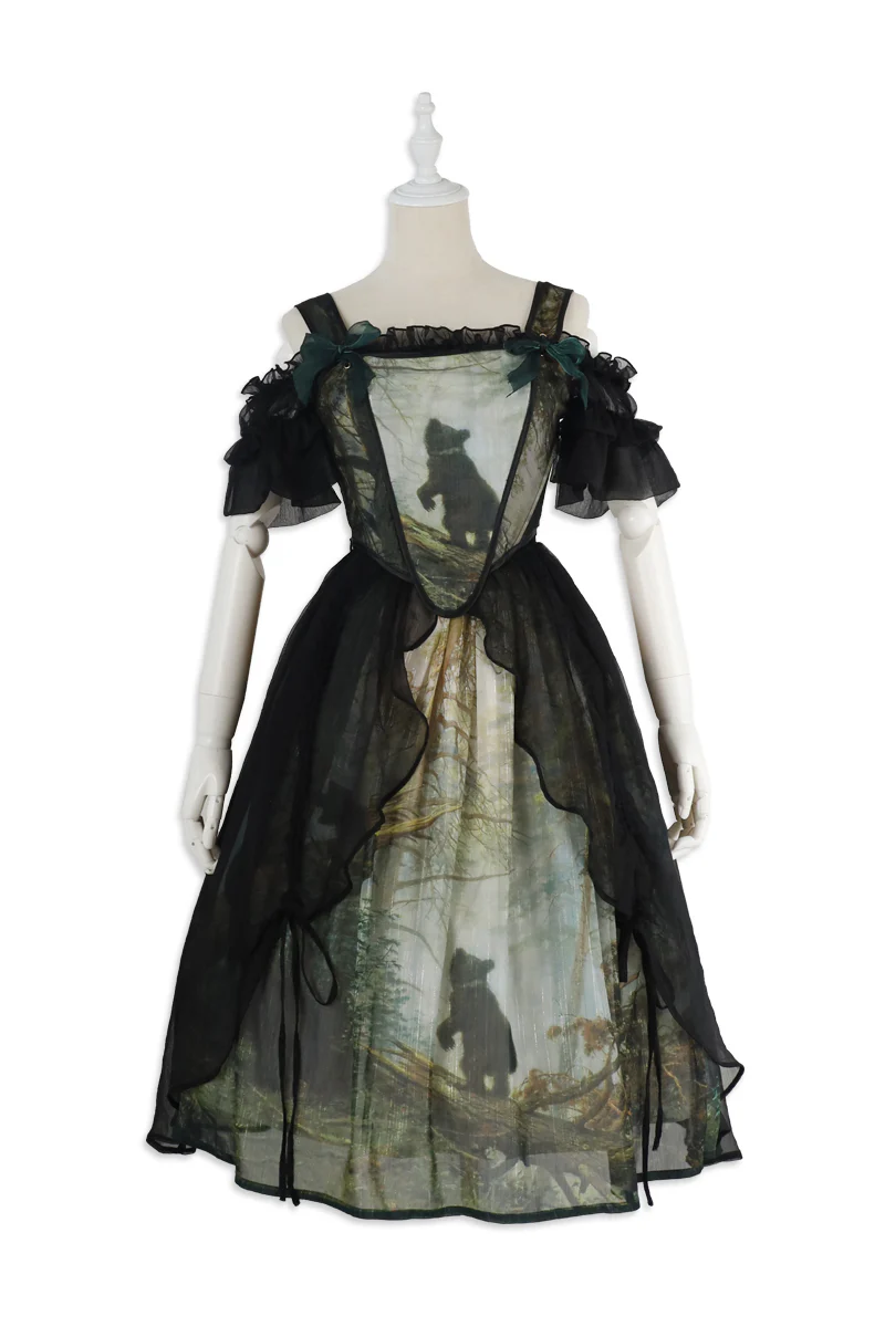 Cyan - Morning of Pine Forest - Elegant Lolita Bear Print Skirt - Image 29