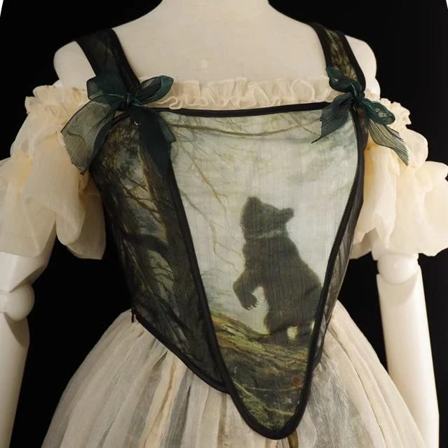 Cyan - Morning of Pine Forest - Elegant Lolita Bear Print Skirt - Image 30