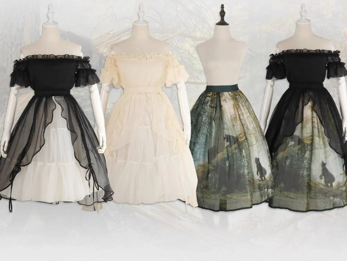 Cyan - Morning of Pine Forest - Elegant Lolita Bear Print Skirt - Image 31