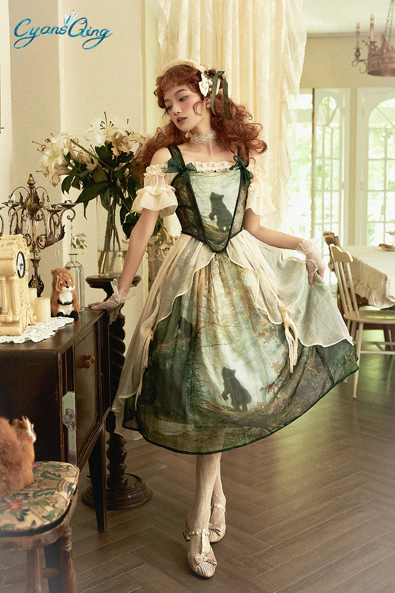 Cyan - Morning of Pine Forest - Elegant Lolita Bear Print Skirt - Image 4