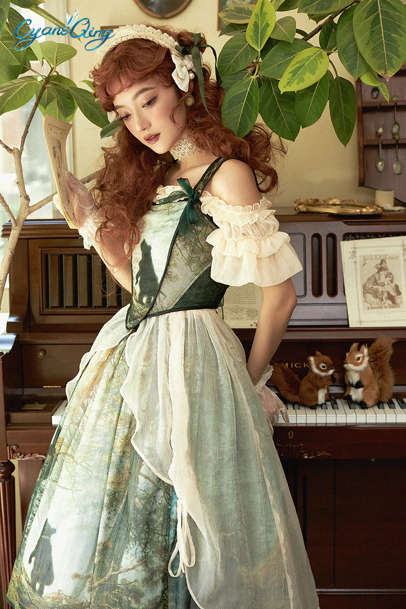Cyan - Morning of Pine Forest - Elegant Lolita Bear Print Skirt - Image 5
