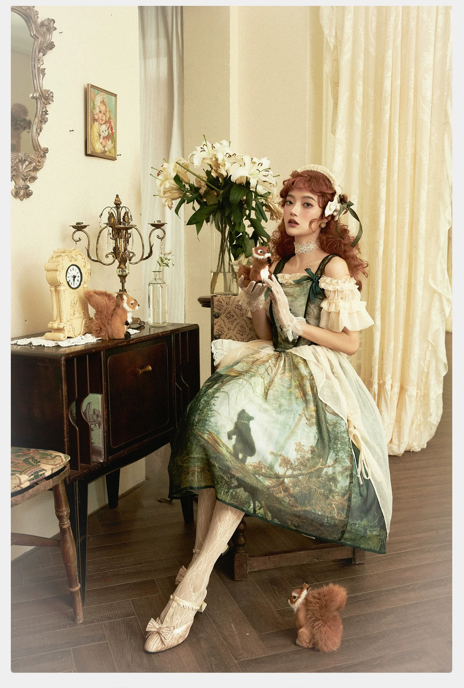 Cyan - Morning of Pine Forest - Elegant Lolita Bear Print Skirt - Image 7