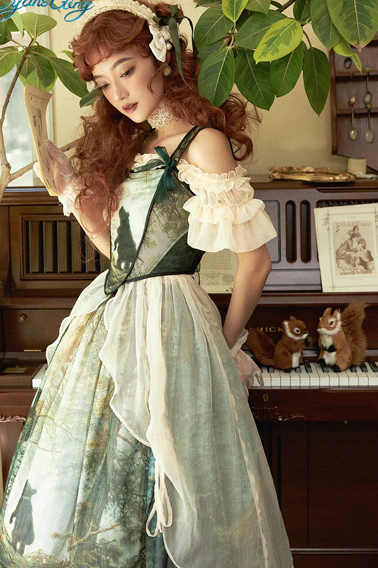 Cyan - Morning of Pine Forest - Elegant Lolita Bear Print Skirt - Image 9