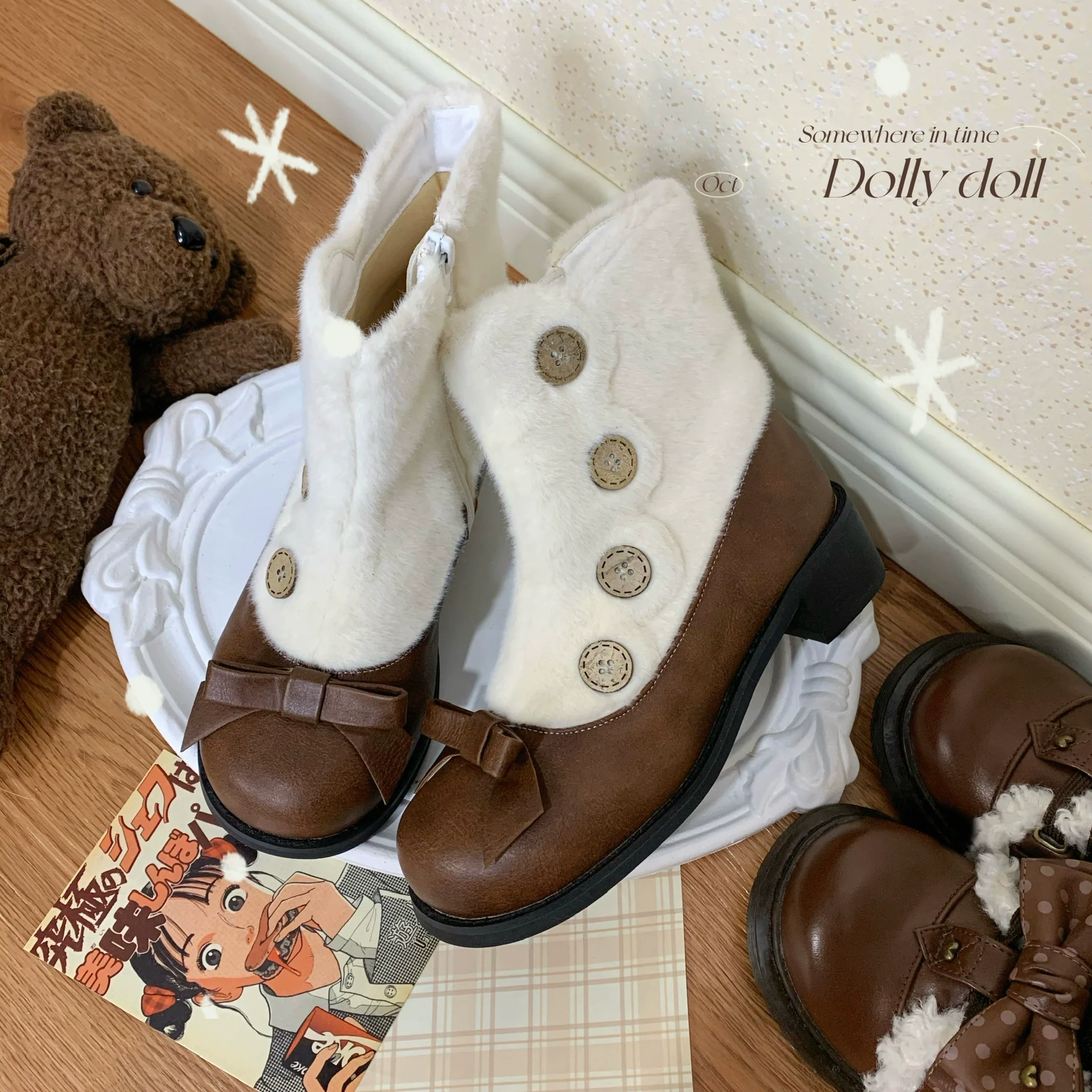 Dolly Doll - Winter Lolita Boots Fur Mary Jane Lolita Low Heel Shoes - Image 54