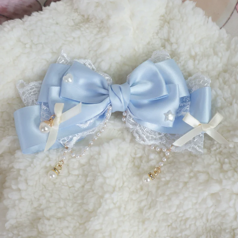 Dreamy Sweet Lolita Layerd Bow Hair Clip, Pearl Accents - Image 6