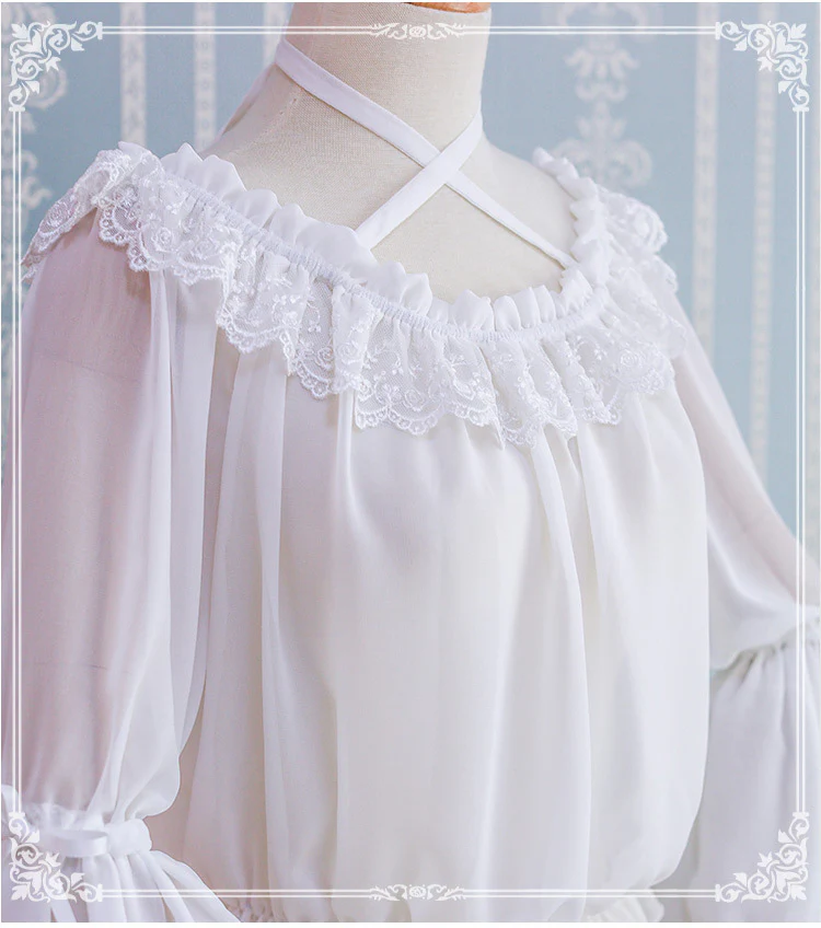 Kawaii Lolita Blouse Long Sleeve Halter Neckline Chiffon Blouse - Image 5