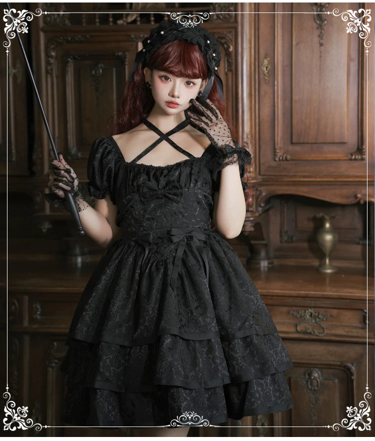 Thorn Rose - Gothic Lolita Three-layer Ruffle Black OP - Image 2