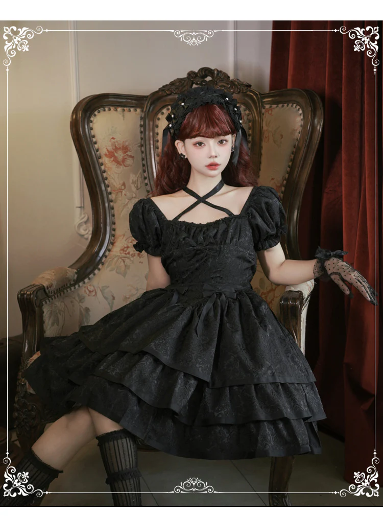 Thorn Rose - Gothic Lolita Three-layer Ruffle Black OP - Image 6