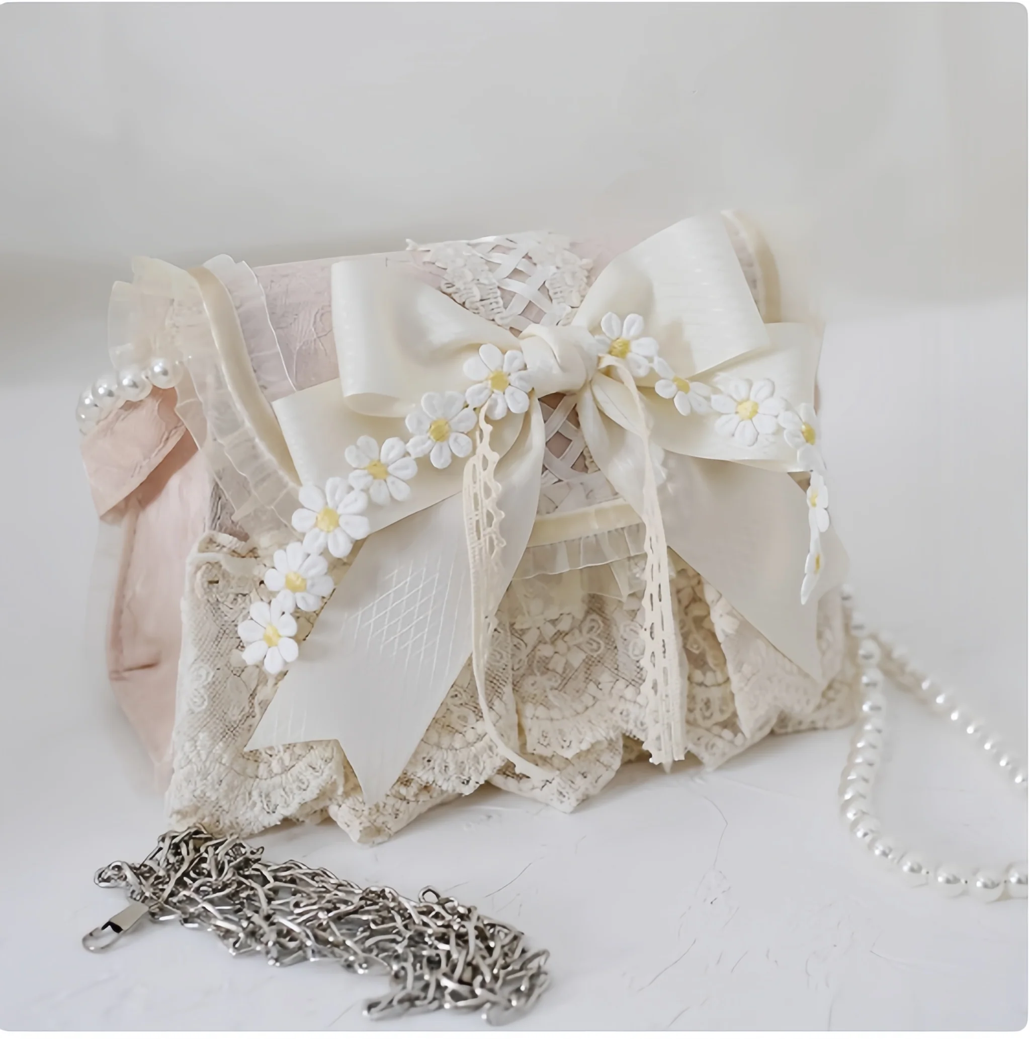 Xiaogui - Elegant Lolita Bag Daisy Pearl Chain Lace Handbag - Image 2