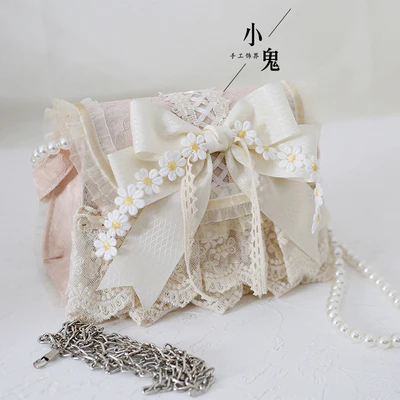 Xiaogui - Elegant Lolita Bag Daisy Pearl Chain Lace Handbag - Image 6