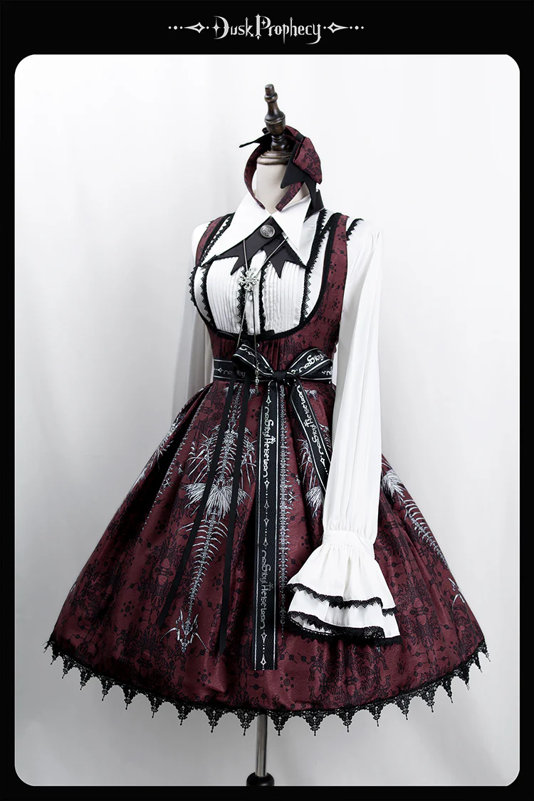 DuskProphecy - Coccyx - Elegant Lolita Dress High Waist Fishbone Print JSK Set - Image 102