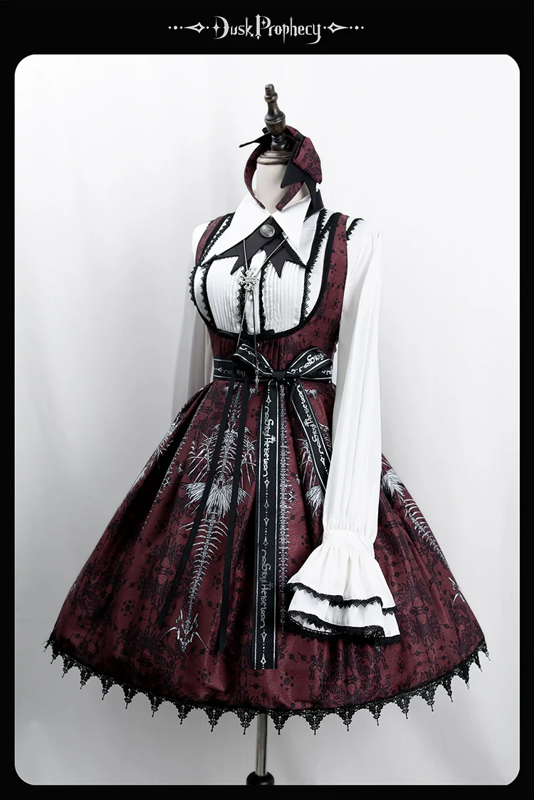 DuskProphecy - Coccyx - Elegant Lolita Dress High Waist Fishbone Print JSK Set - Image 104
