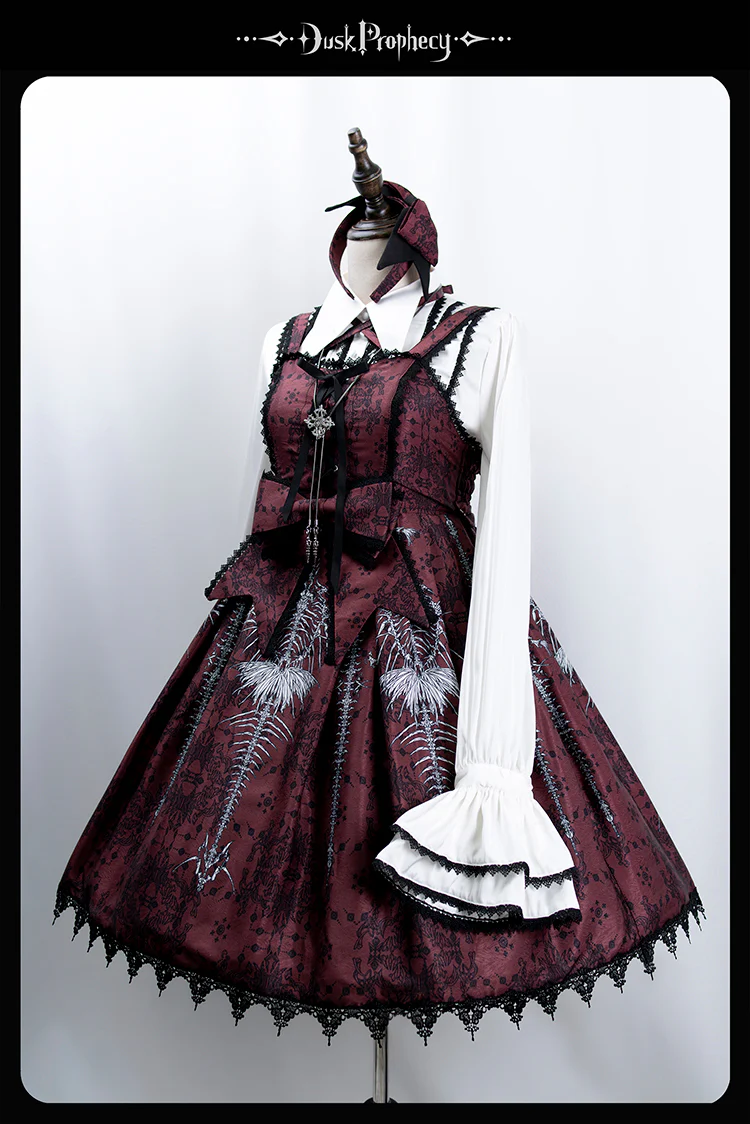 DuskProphecy - Coccyx - Elegant Lolita Dress High Waist Fishbone Print JSK Set - Image 105