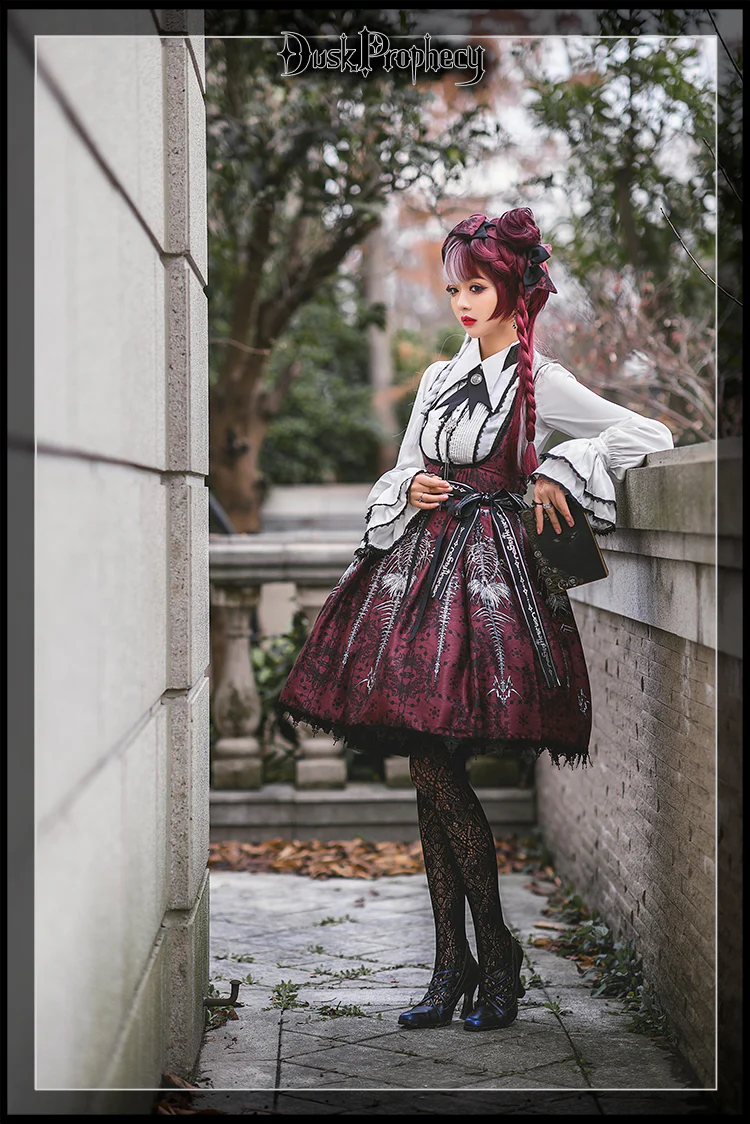 DuskProphecy - Coccyx - Elegant Lolita Dress High Waist Fishbone Print JSK Set - Image 13
