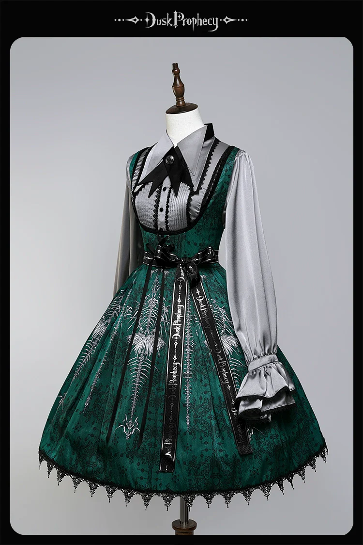 DuskProphecy - Coccyx - Elegant Lolita Dress High Waist Fishbone Print JSK Set - Image 153