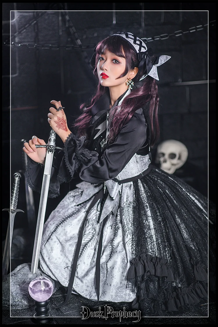 DuskProphecy - Coccyx - Elegant Lolita Dress High Waist Fishbone Print JSK Set - Image 21