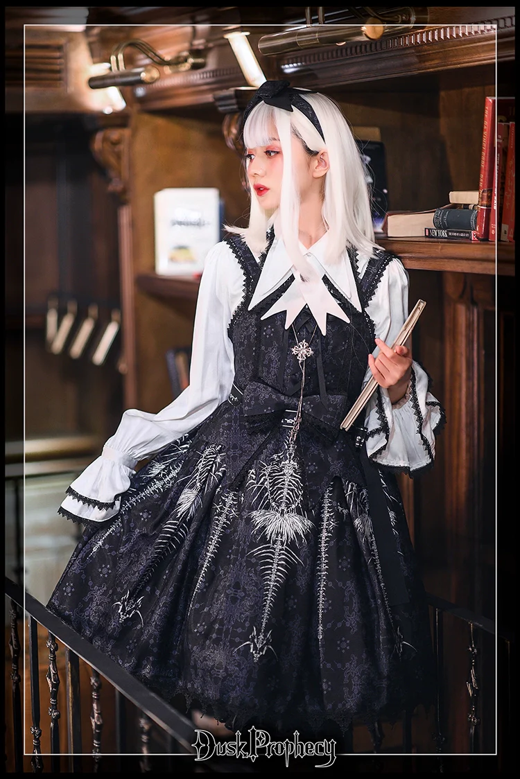 DuskProphecy - Coccyx - Elegant Lolita Dress High Waist Fishbone Print JSK Set - Image 24