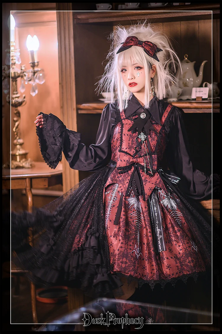 DuskProphecy - Coccyx - Elegant Lolita Dress High Waist Fishbone Print JSK Set - Image 32