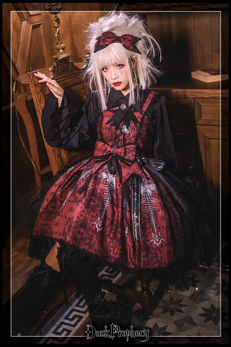 DuskProphecy - Coccyx - Elegant Lolita Dress High Waist Fishbone Print JSK Set - Image 33