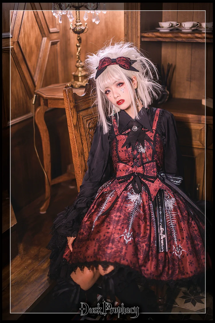 DuskProphecy - Coccyx - Elegant Lolita Dress High Waist Fishbone Print JSK Set - Image 39