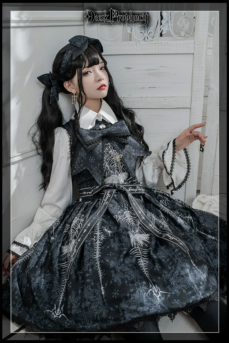 DuskProphecy - Coccyx - Elegant Lolita Dress High Waist Fishbone Print JSK Set - Image 43