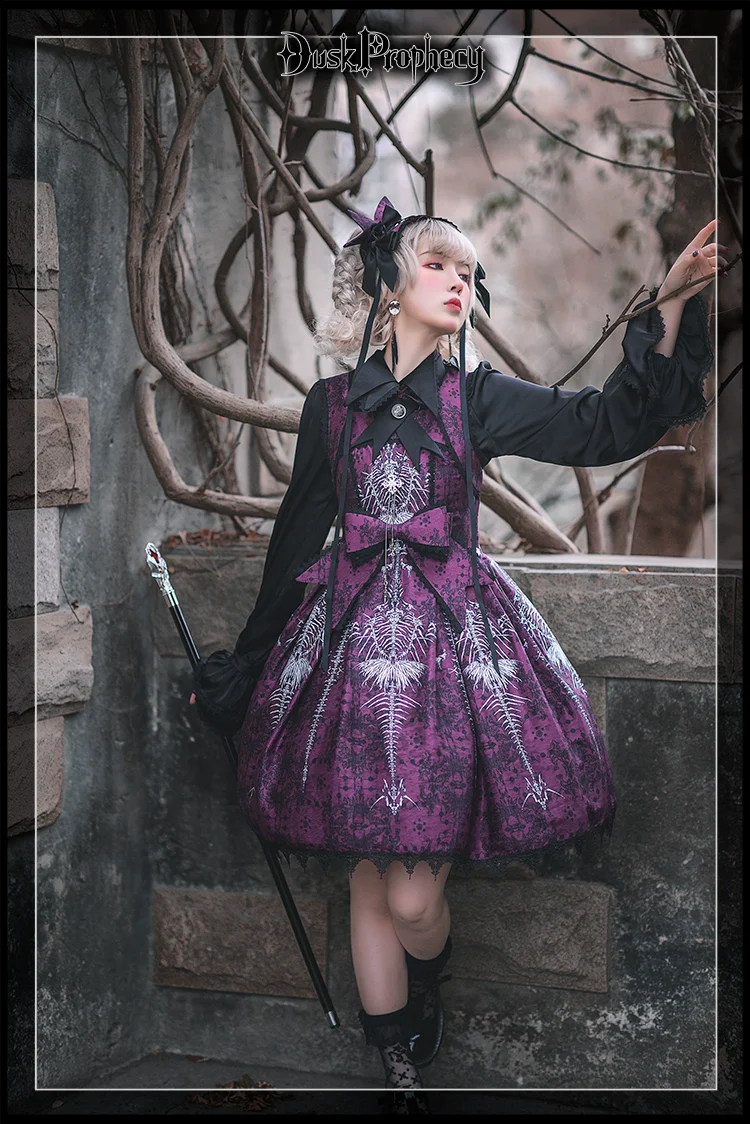 DuskProphecy - Coccyx - Elegant Lolita Dress High Waist Fishbone Print JSK Set - Image 47