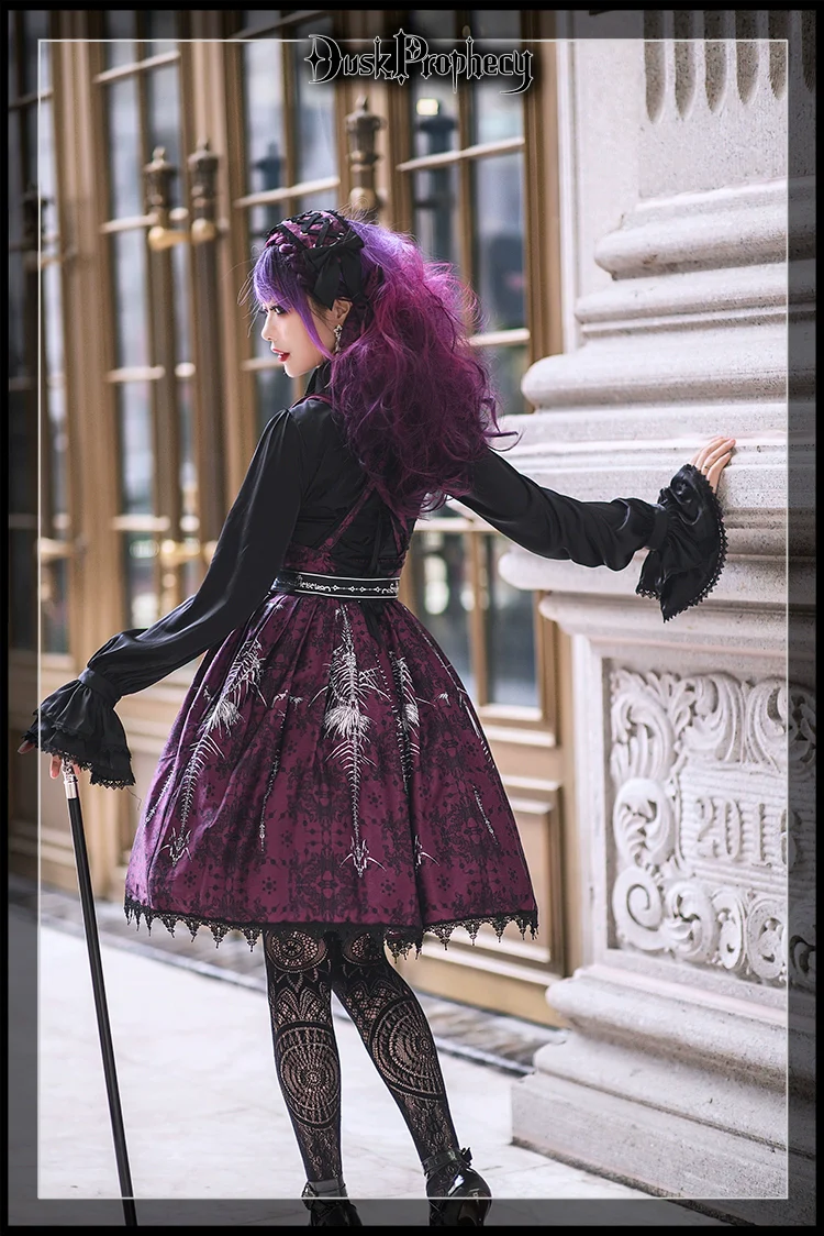 DuskProphecy - Coccyx - Elegant Lolita Dress High Waist Fishbone Print JSK Set - Image 49