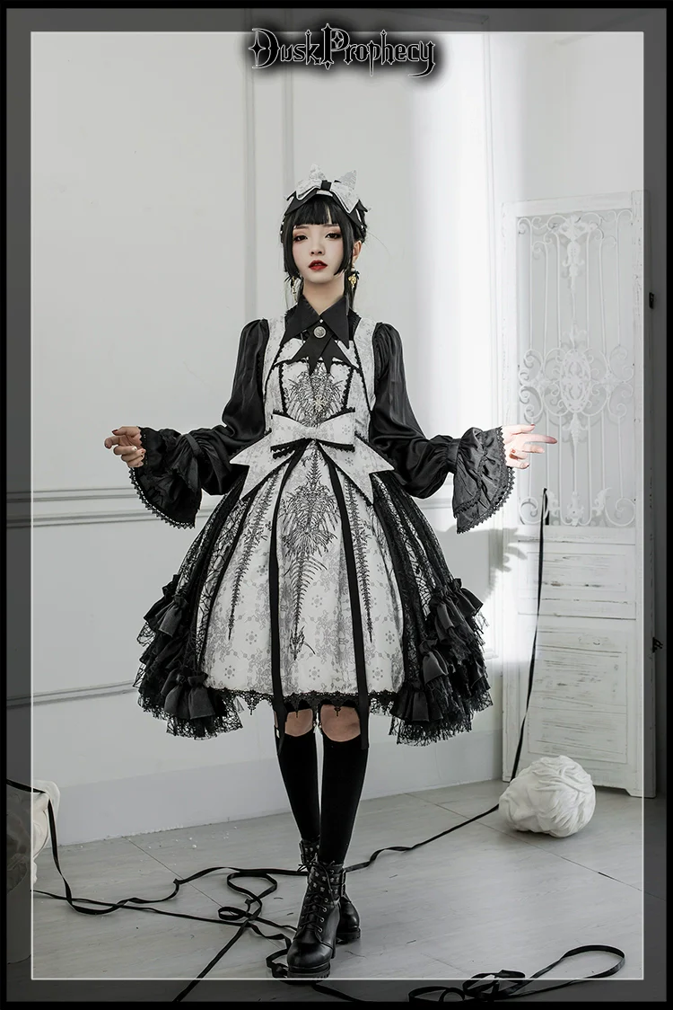 DuskProphecy - Coccyx - Elegant Lolita Dress High Waist Fishbone Print JSK Set - Image 54