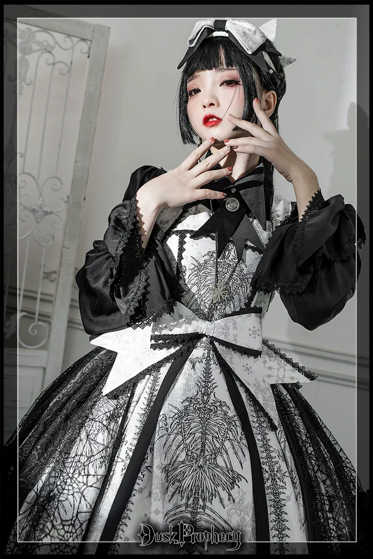 DuskProphecy - Coccyx - Elegant Lolita Dress High Waist Fishbone Print JSK Set - Image 56