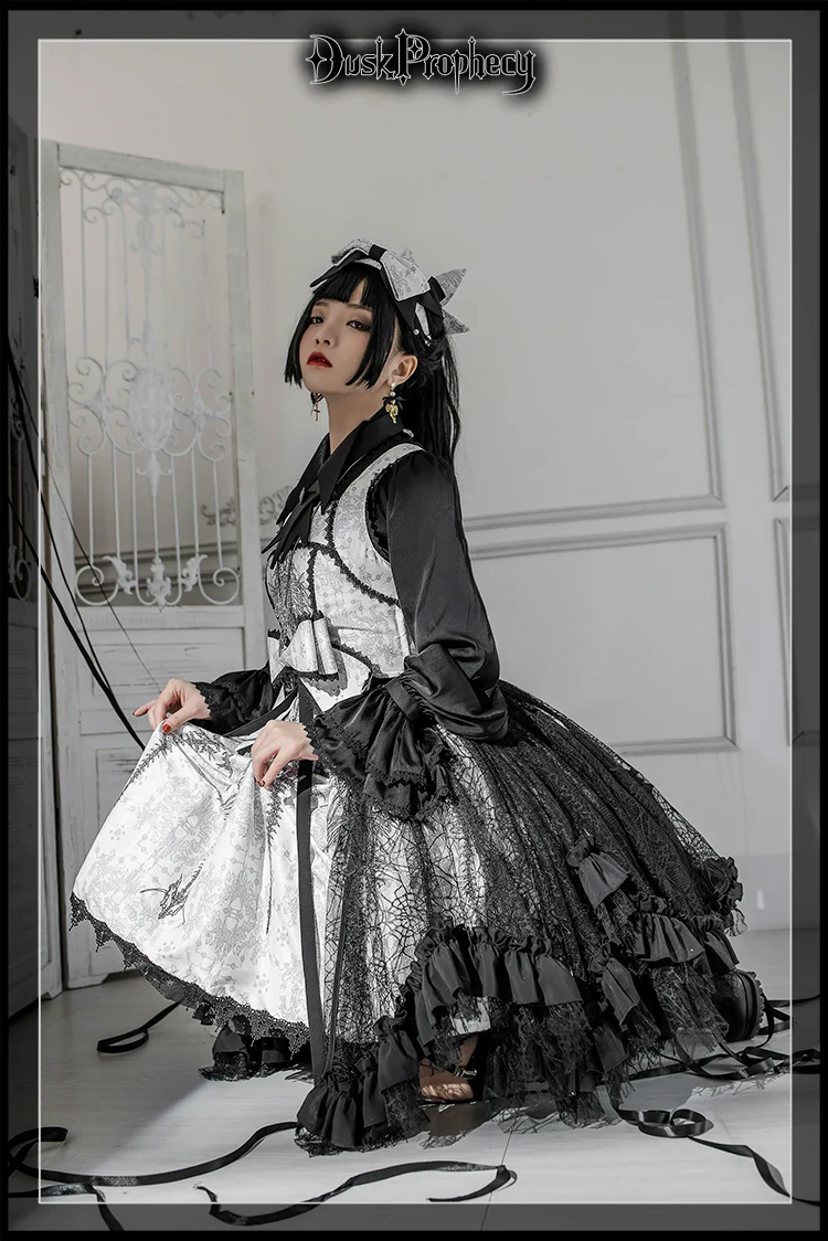DuskProphecy - Coccyx - Elegant Lolita Dress High Waist Fishbone Print JSK Set - Image 57