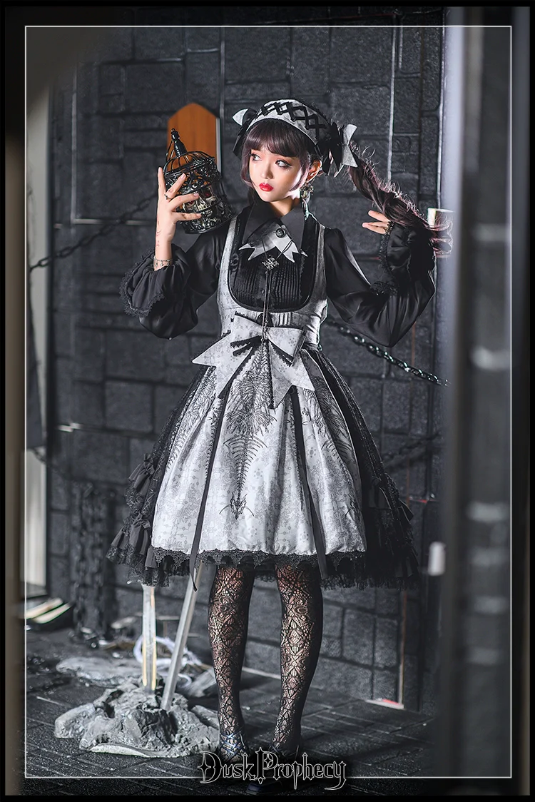 DuskProphecy - Coccyx - Elegant Lolita Dress High Waist Fishbone Print JSK Set - Image 58