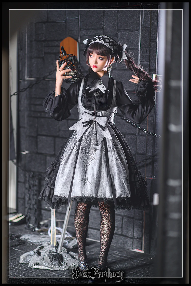 DuskProphecy - Coccyx - Elegant Lolita Dress High Waist Fishbone Print JSK Set - Image 61
