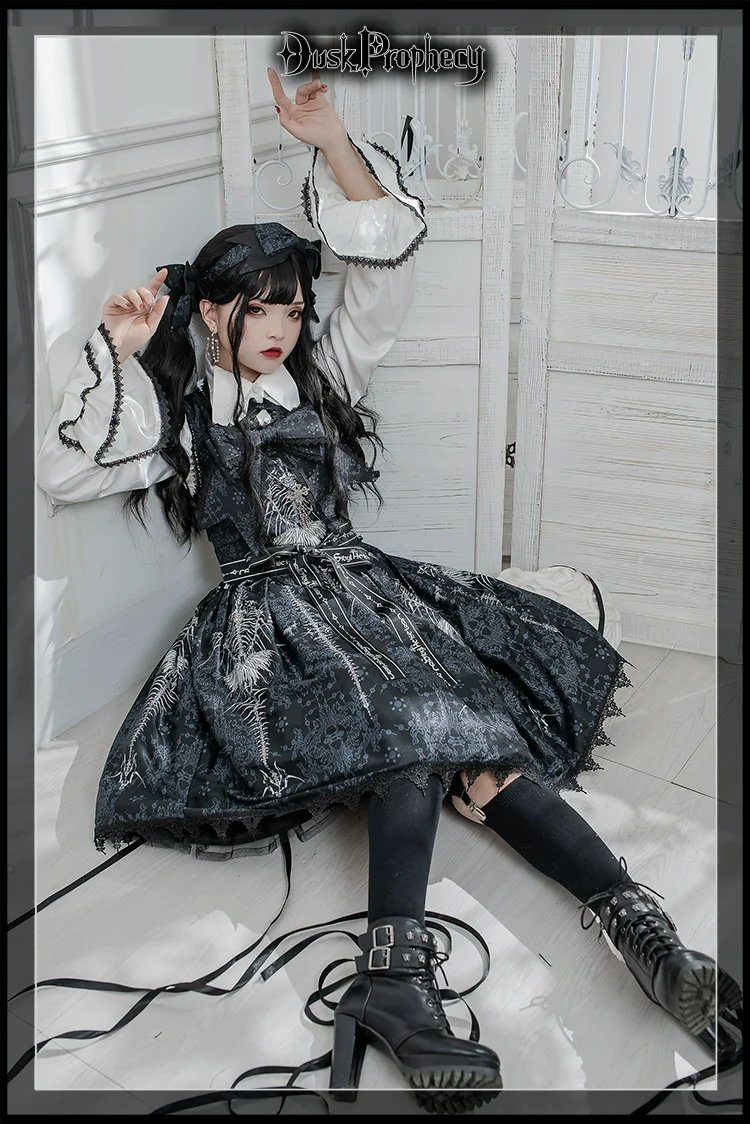 DuskProphecy - Coccyx - Elegant Lolita Dress High Waist Fishbone Print JSK Set - Image 62