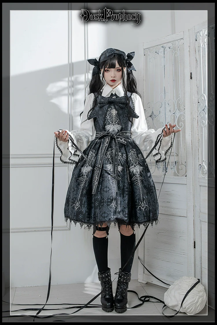 DuskProphecy - Coccyx - Elegant Lolita Dress High Waist Fishbone Print JSK Set - Image 65
