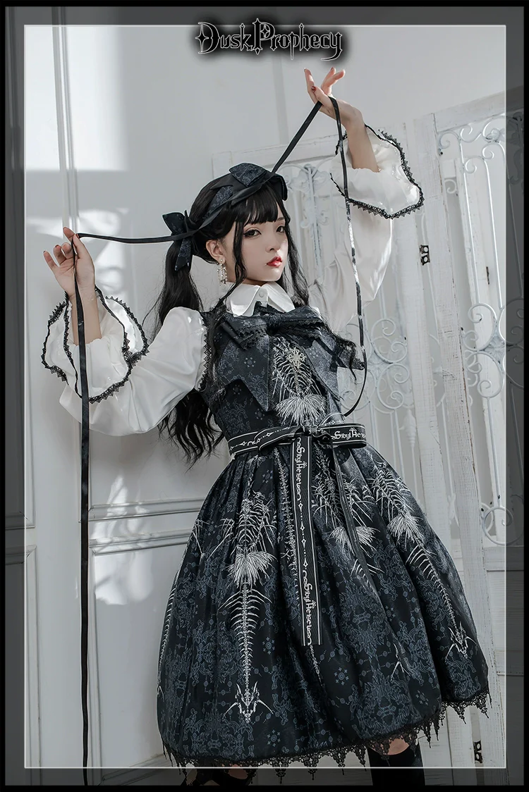 DuskProphecy - Coccyx - Elegant Lolita Dress High Waist Fishbone Print JSK Set - Image 66
