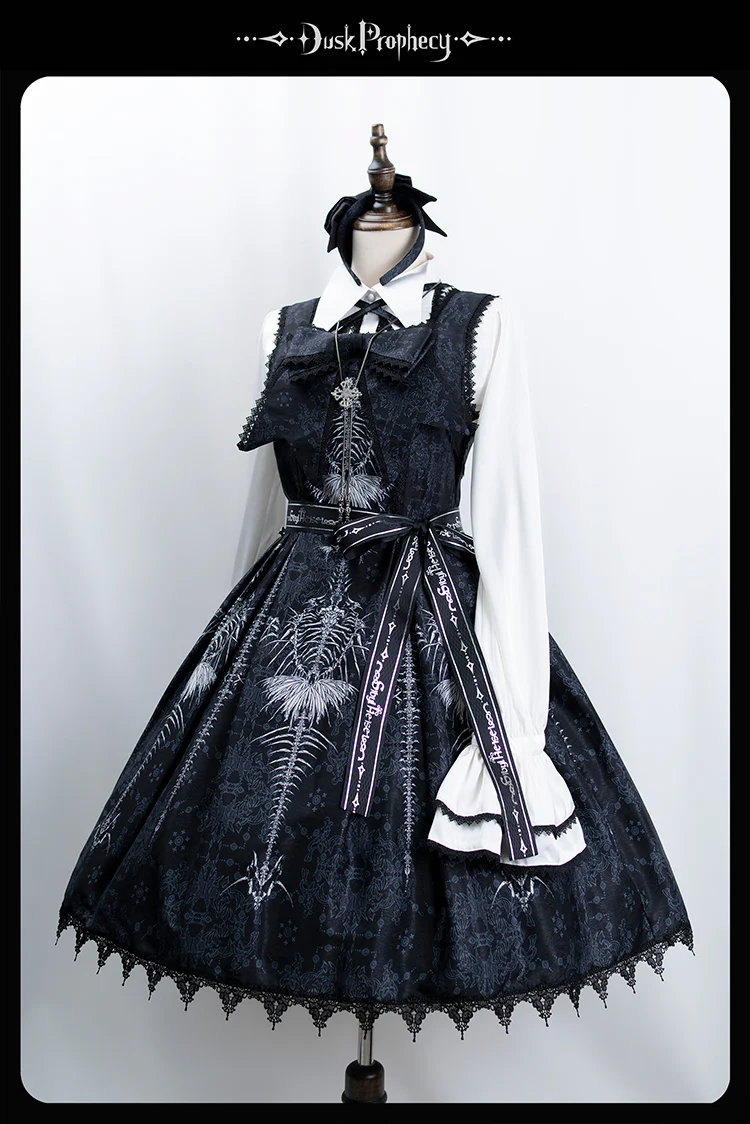 DuskProphecy - Coccyx - Elegant Lolita Dress High Waist Fishbone Print JSK Set - Image 69