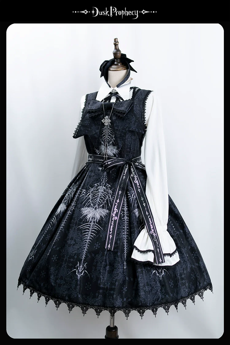 DuskProphecy - Coccyx - Elegant Lolita Dress High Waist Fishbone Print JSK Set - Image 70