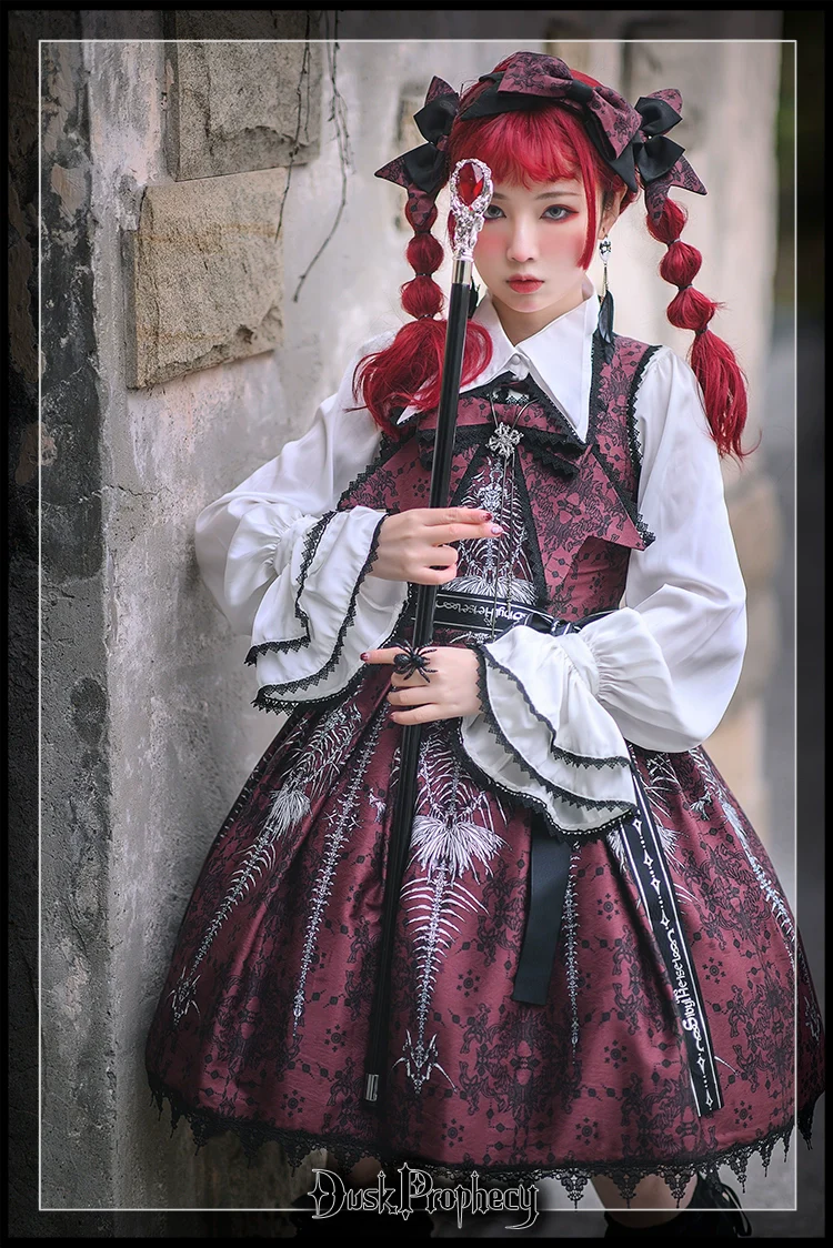 DuskProphecy - Coccyx - Elegant Lolita Dress High Waist Fishbone Print JSK Set - Image 8
