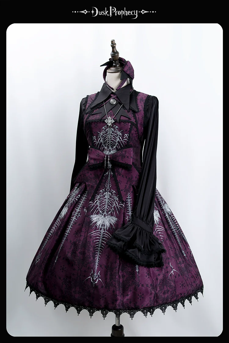 DuskProphecy - Coccyx - Elegant Lolita Dress High Waist Fishbone Print JSK Set - Image 88