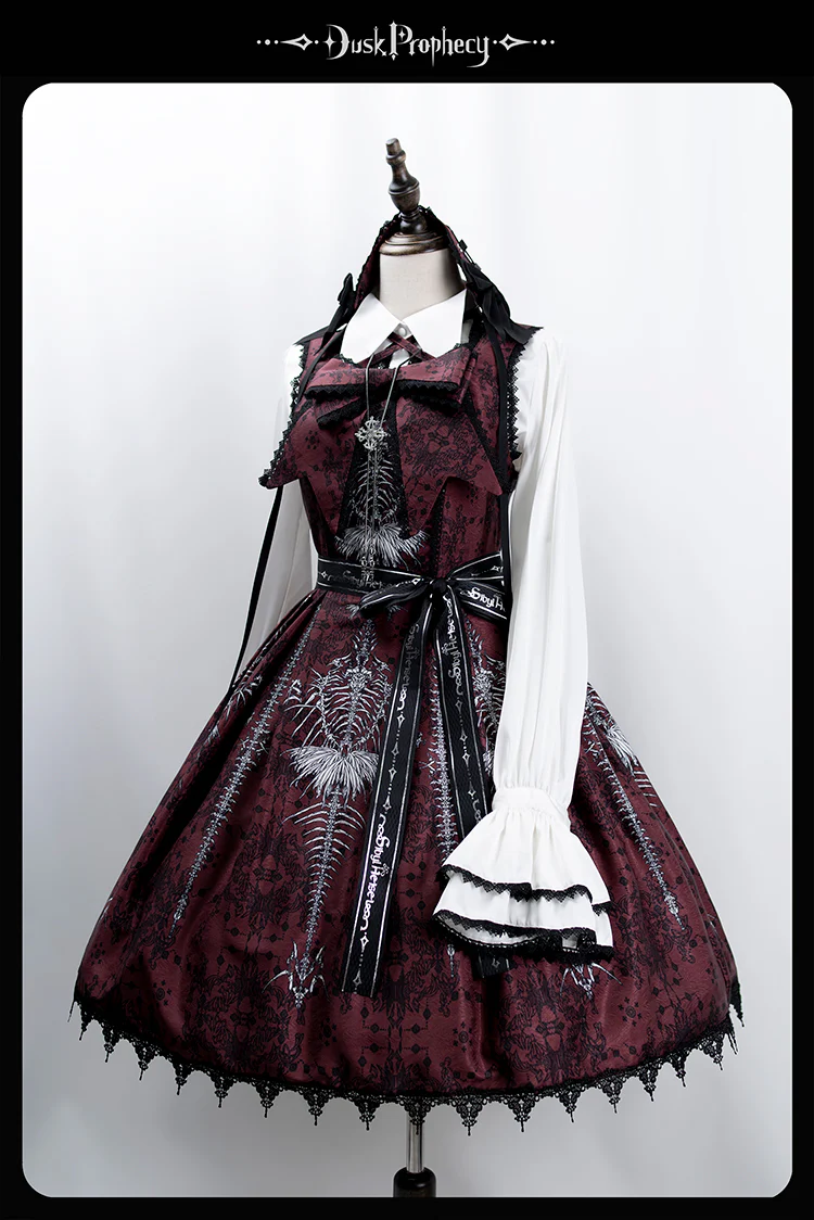 DuskProphecy - Coccyx - Elegant Lolita Dress High Waist Fishbone Print JSK Set - Image 96