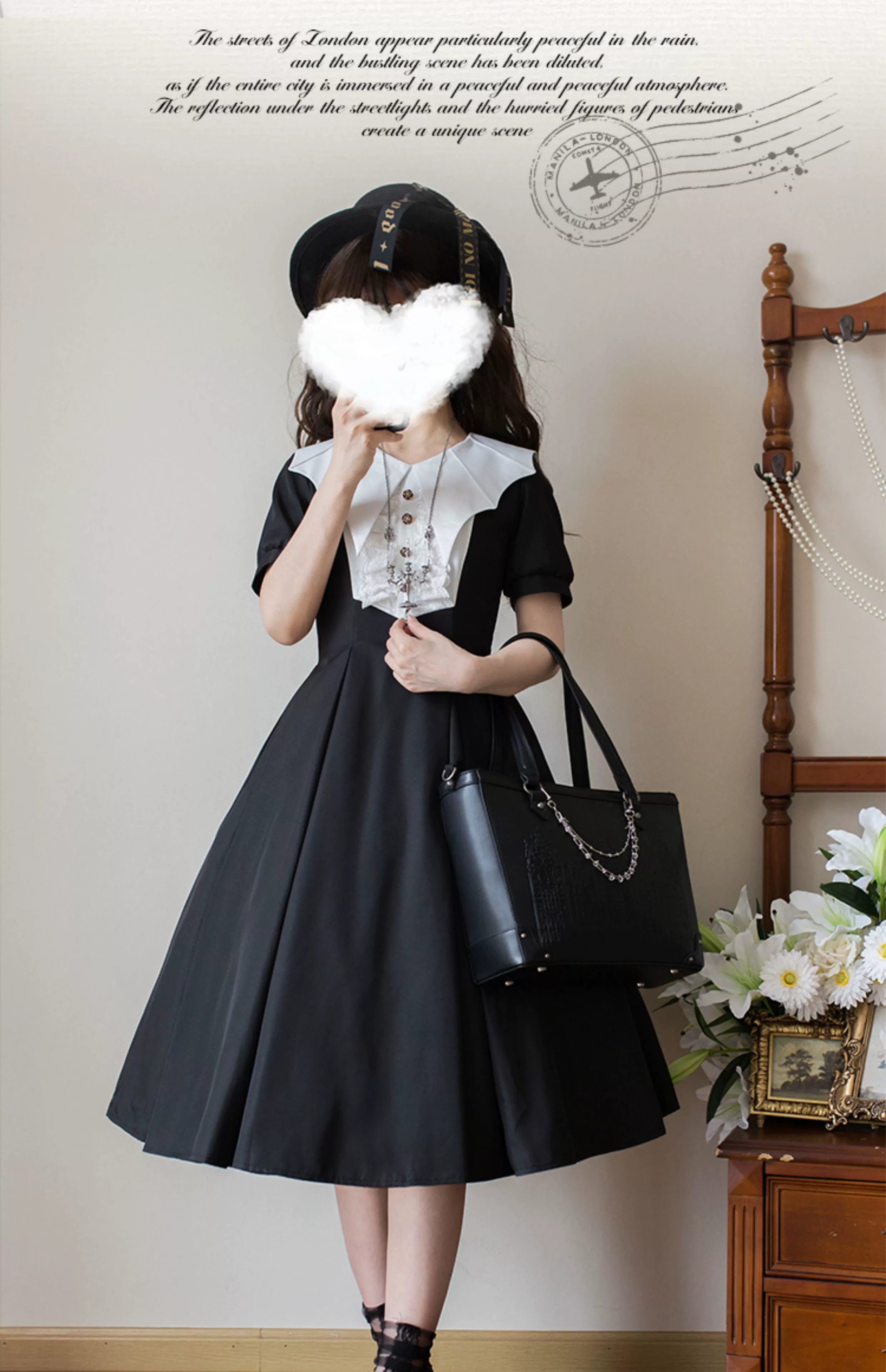 The Rain of London - Elegant Lolita OP Dress, Bat Wing-Shaped Neckline - Image 16