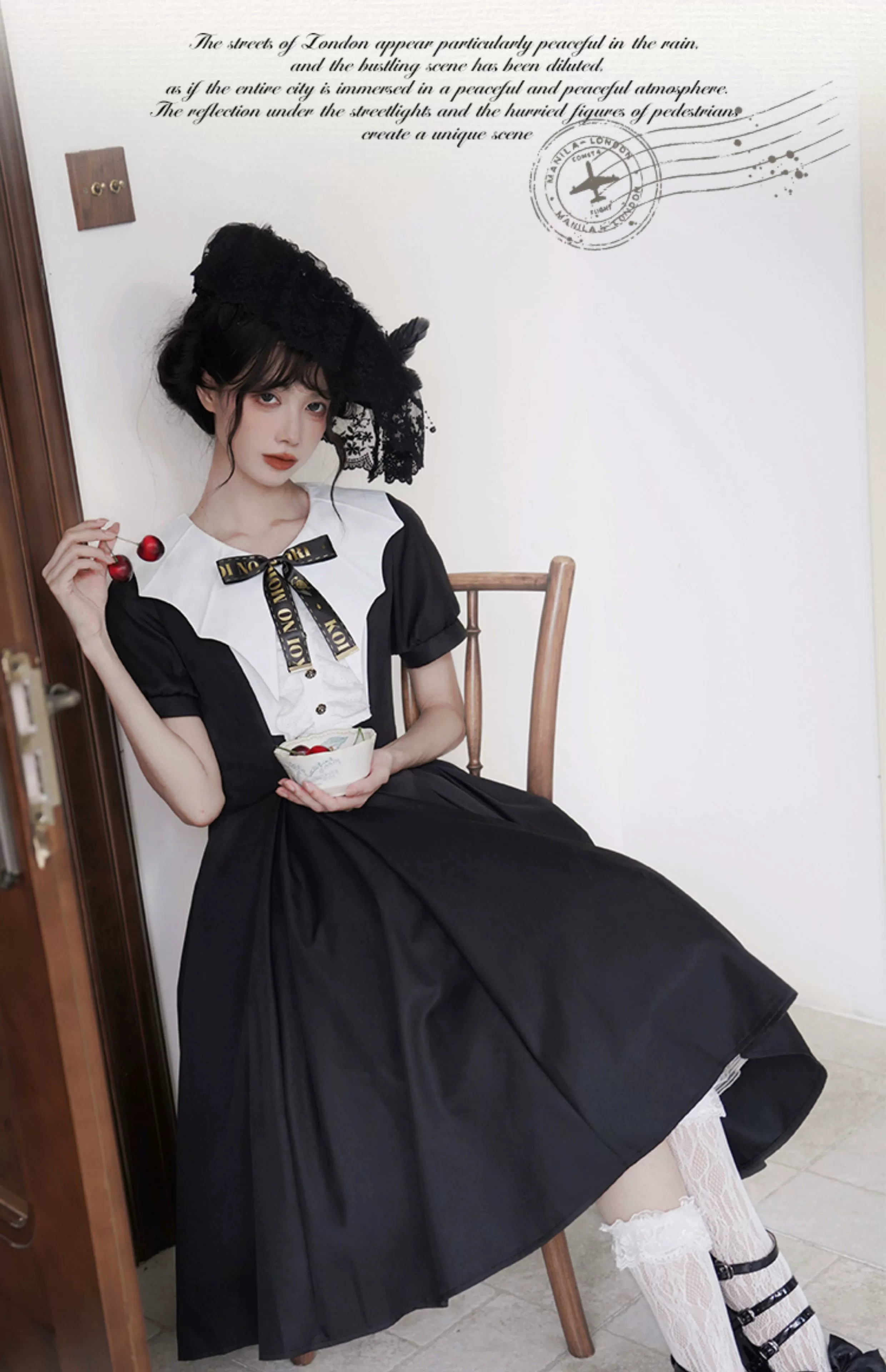 The Rain of London - Elegant Lolita OP Dress, Bat Wing-Shaped Neckline - Image 7