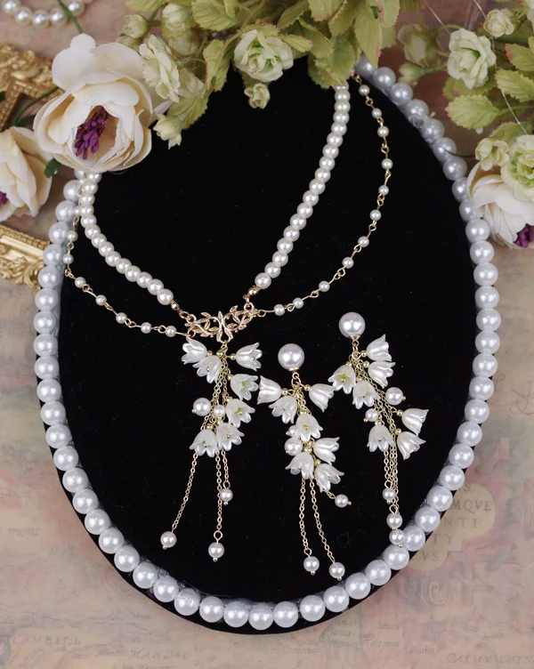 Lily Miss - Elegant Lolita Pearl Necklace and Earrings Set
