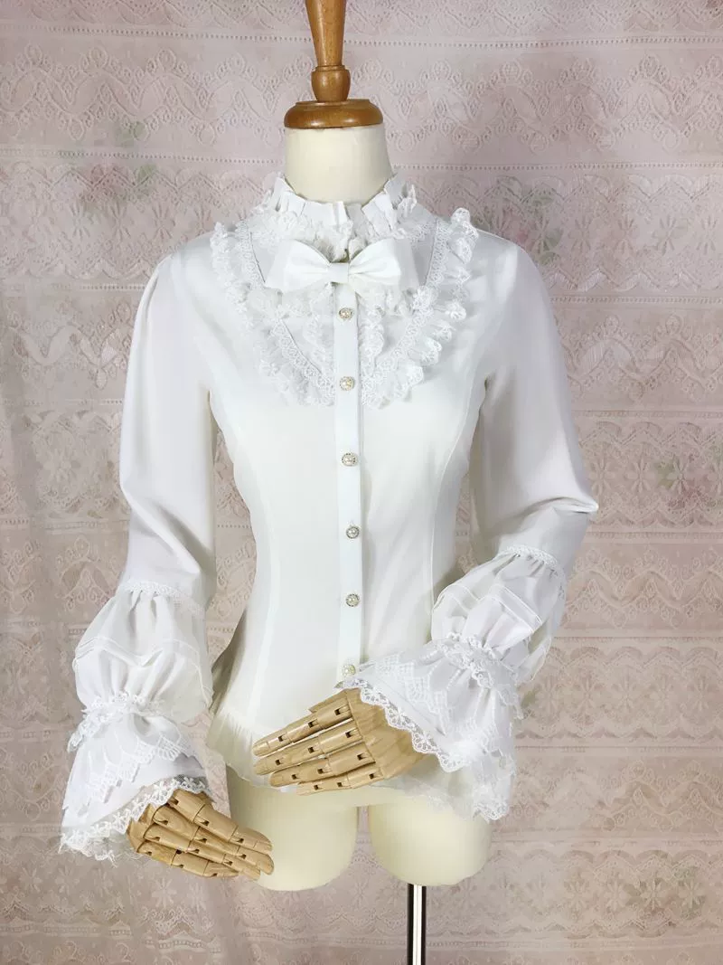 Yilia Lolita - Elegant Lolita Shirt Stand Collar Long Puff Sleeve Blouse - Image 2