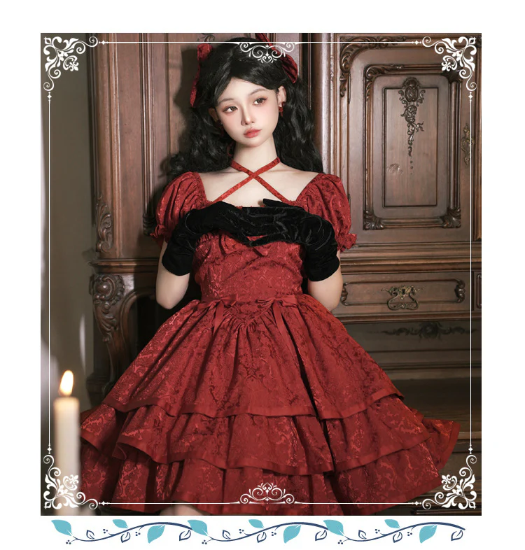 Eieyomi - Elegant Lolita Short Sleeve Red Dress - Image 6