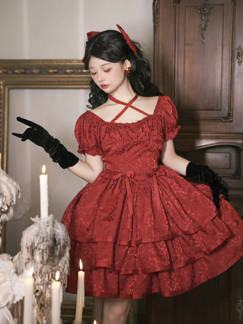 Eieyomi - Elegant Lolita Short Sleeve Red Dress - Image 8