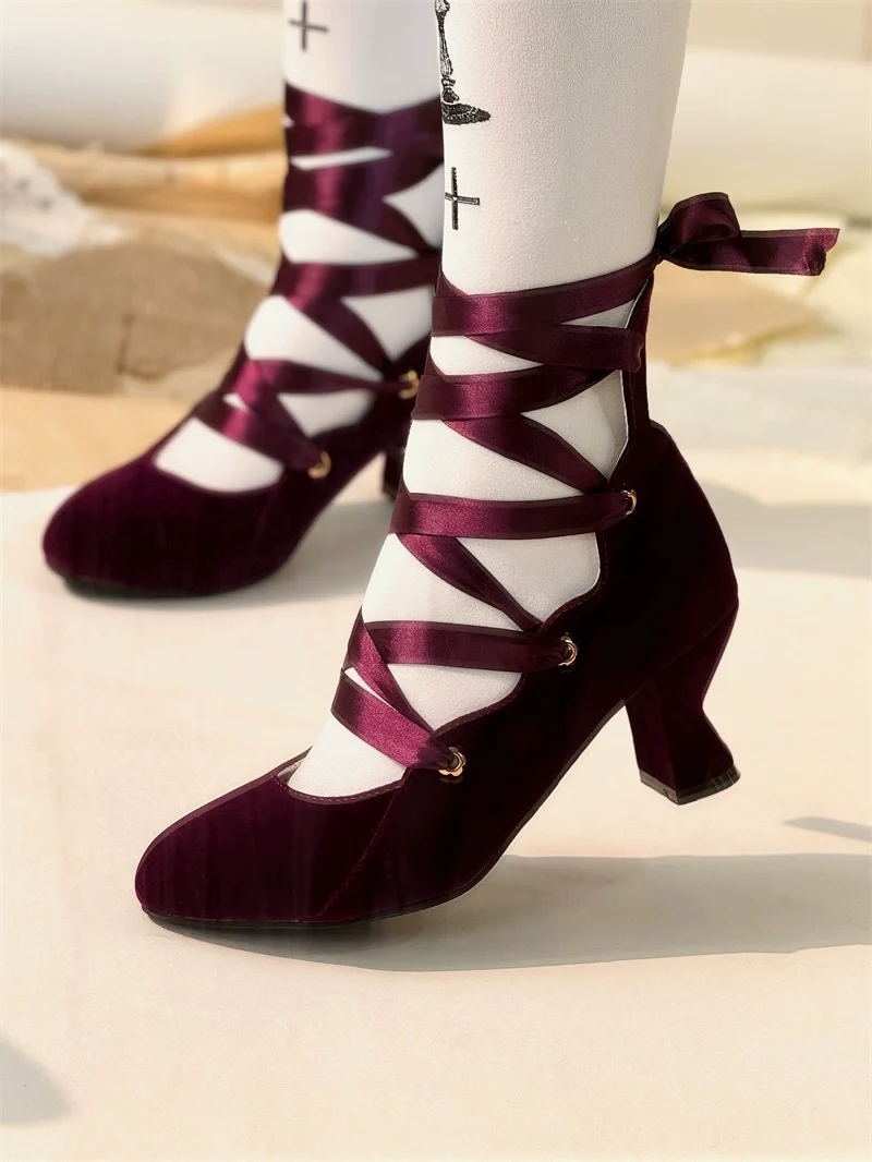 MR.Qiutian - Forbidden Dance - Elegant Lolita Velvet Shoes, Adjustable Lace-Up Straps - Image 29