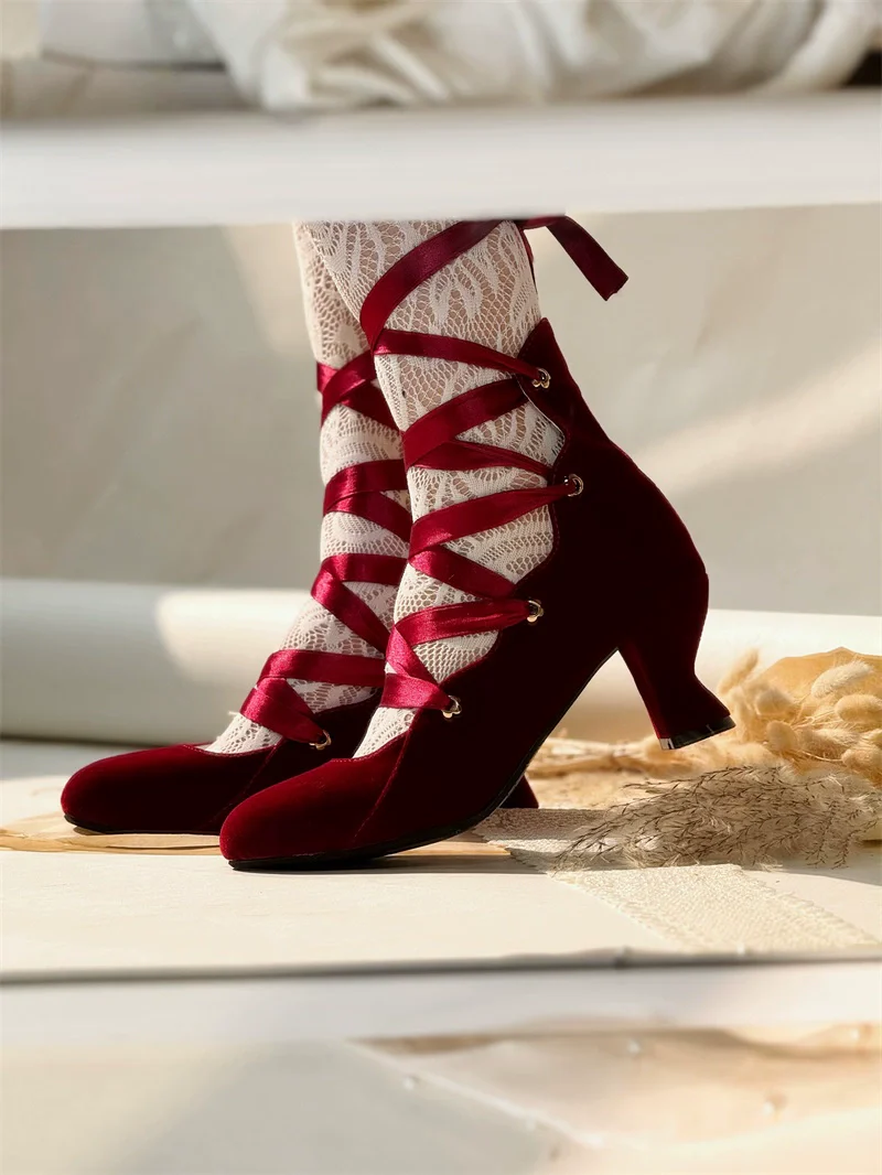 MR.Qiutian - Forbidden Dance - Elegant Lolita Velvet Shoes, Adjustable Lace-Up Straps - Image 8