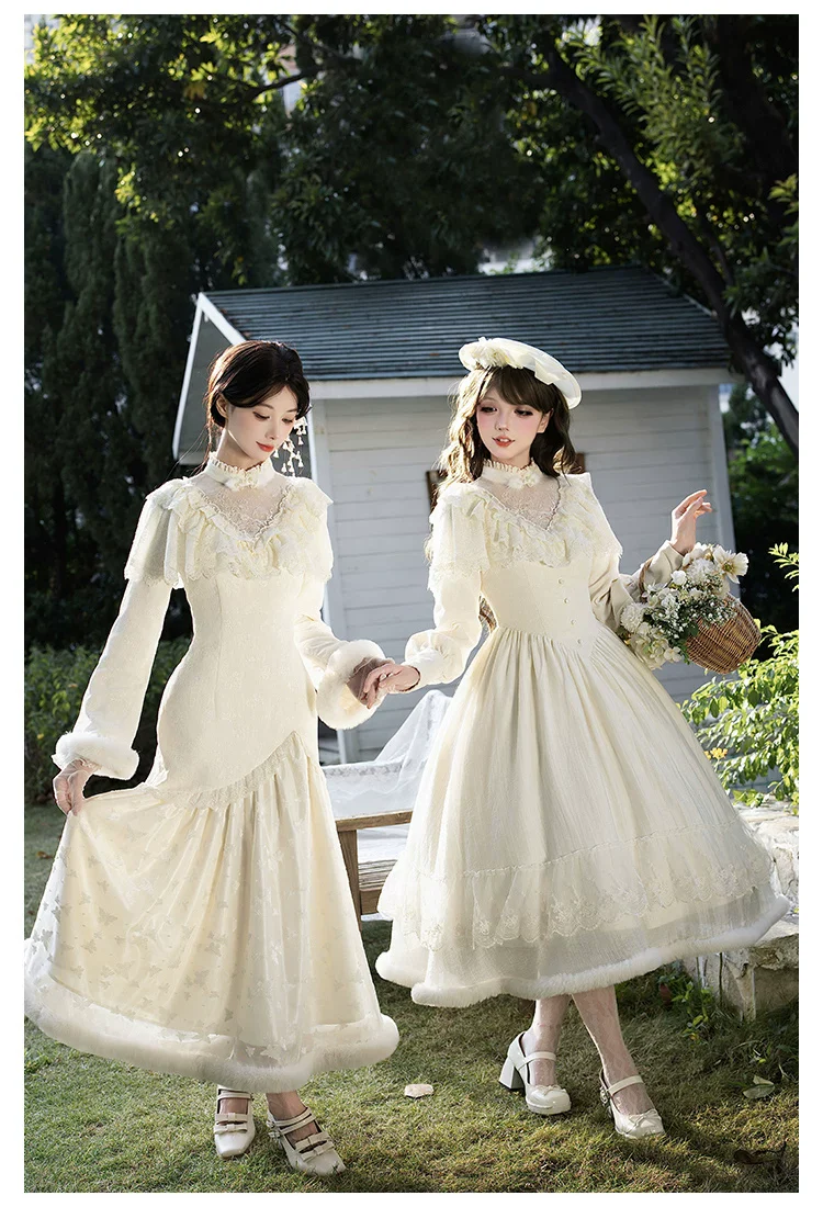 Winter Island Memory - Elegant Lolita Winter Coat & OP Dress Set - Image 12